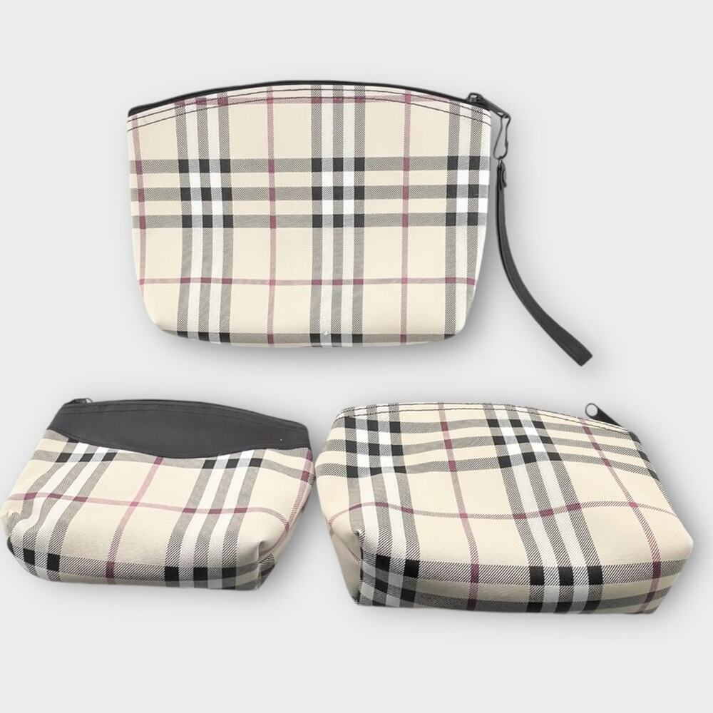 SET OF 3 plaid vinyl preppy waterproof zip cosmetic bags never used - Picture 3 of 8